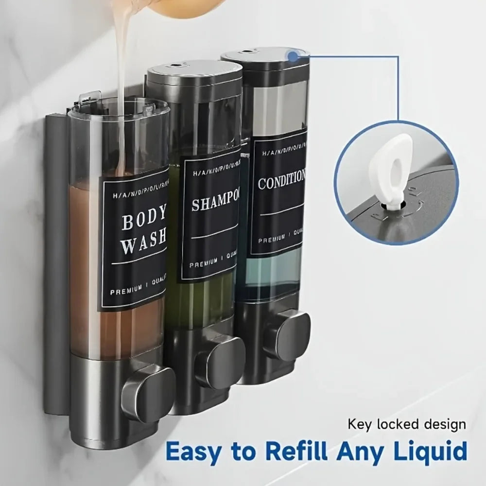 Dispensador Triple para Ducha – Champú, Gel y Acondicionador Sin Taladro